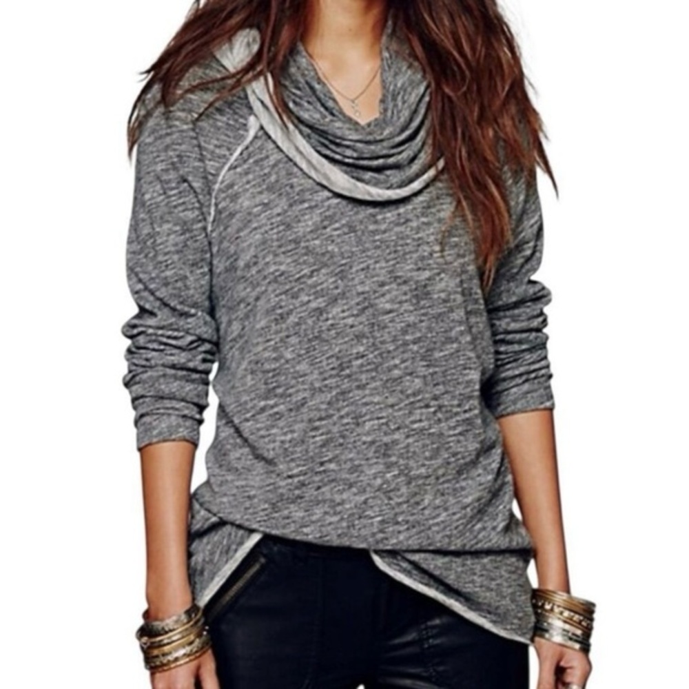 Free People Beach Gray Marled Oversized Cowl Neck Cotton Tunic Top OS